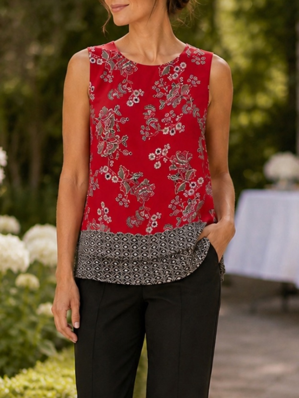 Rose & Olive Red Floral Sleeveless Top with Contrasting Hem